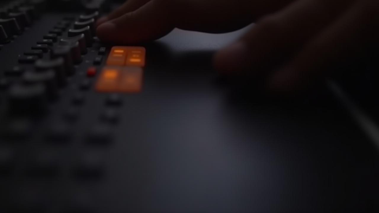 スタジオでミキサーを操作する技術者の手がクローズアップされた画像